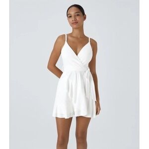 Halara V-neck Side Tie Ruffle 2-piece Flowy Mini Casual Dress A-C Cups NWT White